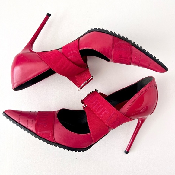 DIOR | Vintage Red Leather Pointed Cross Over Elastic Bandage Pumps EU 37.5 - Picture 11 of 16